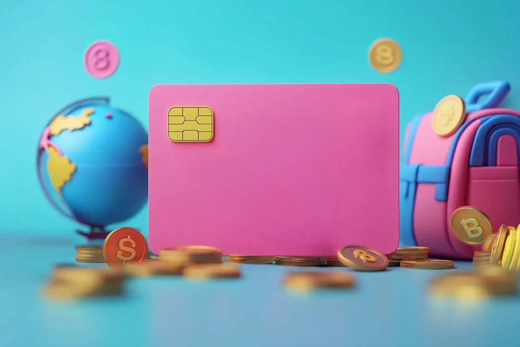 carte bancaire pour voyager à l’étranger avec globe, sac à dos et pièces illustrant les paiements internationaux en voyage