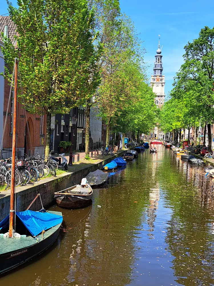 Un canal paisible à Amsterdam, bordé d'arbres, de bateaux et de vélos, avec des bâtiments historiques sur la gauche et une haute tour horloge visible à l'arrière-plan sous un ciel bleu limpide — l'endroit idéal pour découvrir où dormir à Amsterdam.