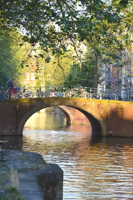 Un pont en pierre, le long duquel sont garés des vélos, enjambe un canal paisible dans un Amsterdam ensoleillé et verdoyant : une scène idéale si vous vous demandez « quand aller à Amsterdam » pour profiter de vues sereines et d’édifices classiques bordant le cours d’eau.