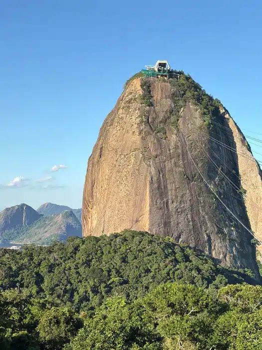Une grande montagne de granit aux pentes abruptes, surmontée d'une station de téléphérique, se dresse au-dessus d'une forêt verdoyante et dense, sous un ciel bleu limpide. Les câbles s'étendent jusqu'au sol : une vue emblématique pour ceux qui visitent Rio de Janeiro.